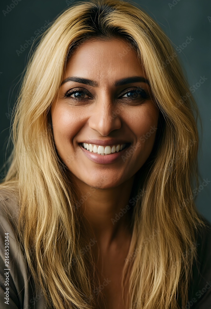 Obraz premium Confident and happy indian woman smiling, positive emotions and well being, diverse representation in business and lifestyle
