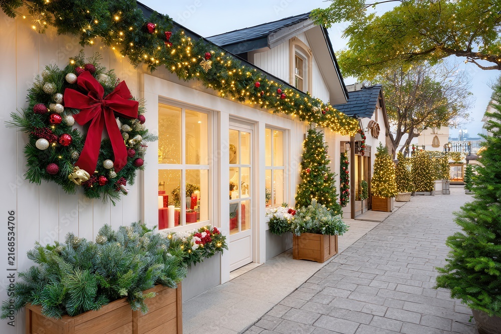 Fototapeta premium Christmas decorated storefronts with garlands and wreaths