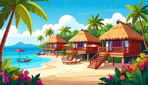 Tropical beachfront resort with thatched roof villas.