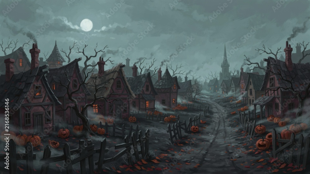 Obraz premium A spooky medieval village street glowing under a full moon on Halloween night