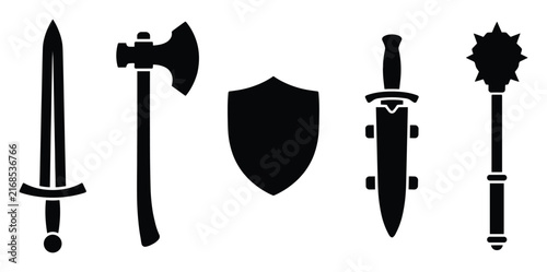Set of medieval weapon icons. Ancient arms, battle gear, war tools including sword, axe, shield, dagger, mace symbols. Glyph, solid pictogram for games, history, combat.