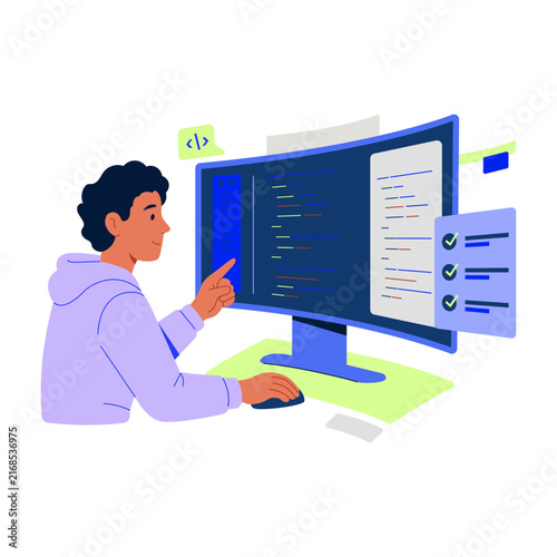 A developer works at dual monitors filled with code, interface panels, and technical screens, illustrating focused coding and programming activity.