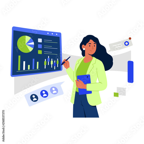 A woman holds a tablet beside a large analytics dashboard with charts, graphs, and metrics, reviewing website performance and visitor data trends.