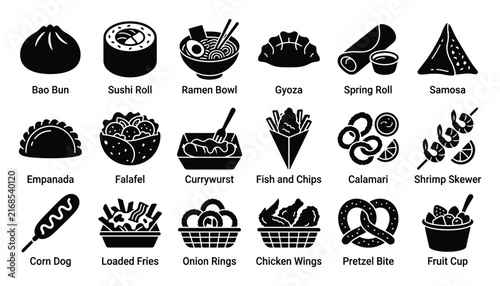 Set of popular food icons. Global street food, fast food, snacks, appetizer symbols. Sushi, ramen, gyoza, samosa, falafel. Solid vector pictograms.