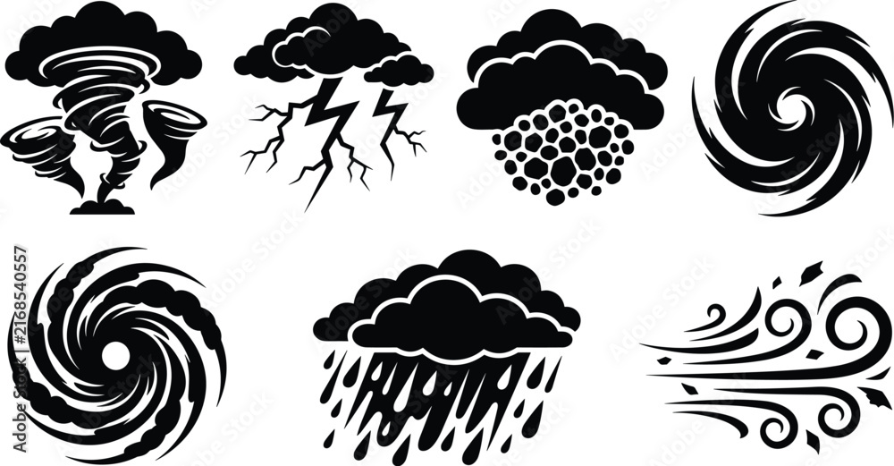 Obraz premium Extreme Weather Vector Icon Set Featuring Tornado, Hurricane, Lightning, Hail, Heavy Rain, and Wind Silhouettes