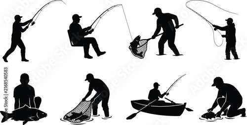 Fisherman Silhouettes Set with Anglers Fishing, Fly Casting, and Boat Actions Isolated on White