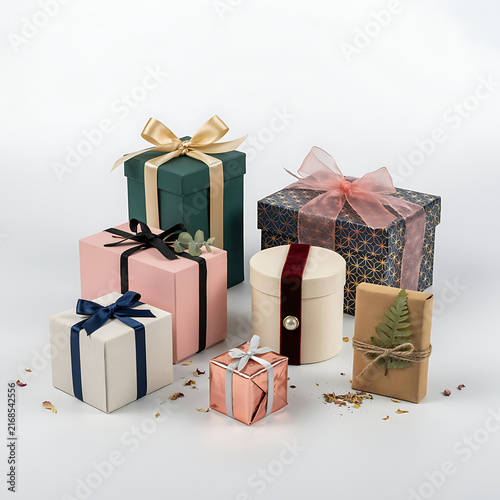Christmas Gift Boxes with Ribbons and Bows Isolated on White Background for Holiday Celebration, Birthday, Anniversary, Valentine’s Day and Special Occasions