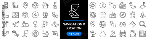 Navigation and location set of web icons in line style. Map location and navigation icons for web and mobile app. Map pin, GPS, compass, navigator, marker, map, pointer, traffic, travel, direction