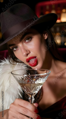 Extreme close-up voyeur shot of a woman in a fedora biting her lip with a martini glass blurred in the foreground.