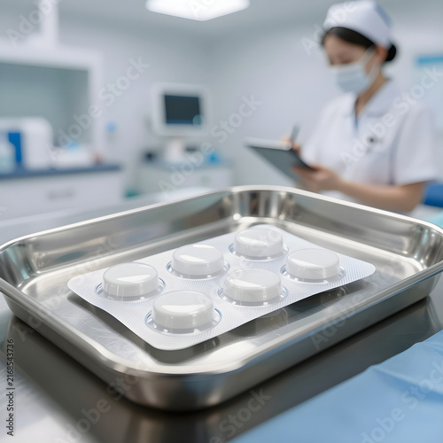 Still-life of a sealed Tyvek healthcare blister pack resting on a stainless steel tray.
