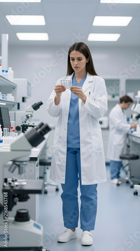 Wide shot of a composed female professional inspecting a sterile blister pack in a bright laboratory.