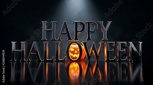 Dramatic happy halloween text with carved pumpkin and reflective dark background lighting