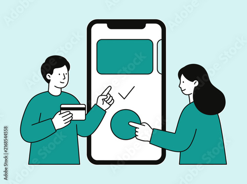 Flat vector illustration of people making secure mobile payment and online credit card transaction on smartphone