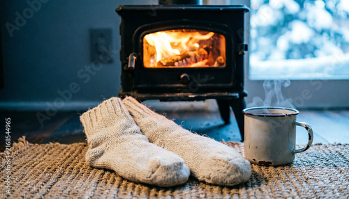 Wool socks by wood stove fire, rustic cabin winter bokeh 