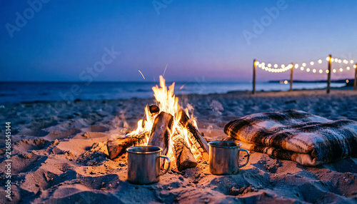 Driftwood bonfire on beach at dusk, warm ocean bokeh 