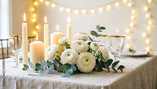 Wedding table setting with candles and florals, warm bokeh 