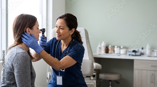 Gloved clinician gently examines a woman’s eyes and face during a close clinical assessment in an examination room, demonstrating attentive patient care.