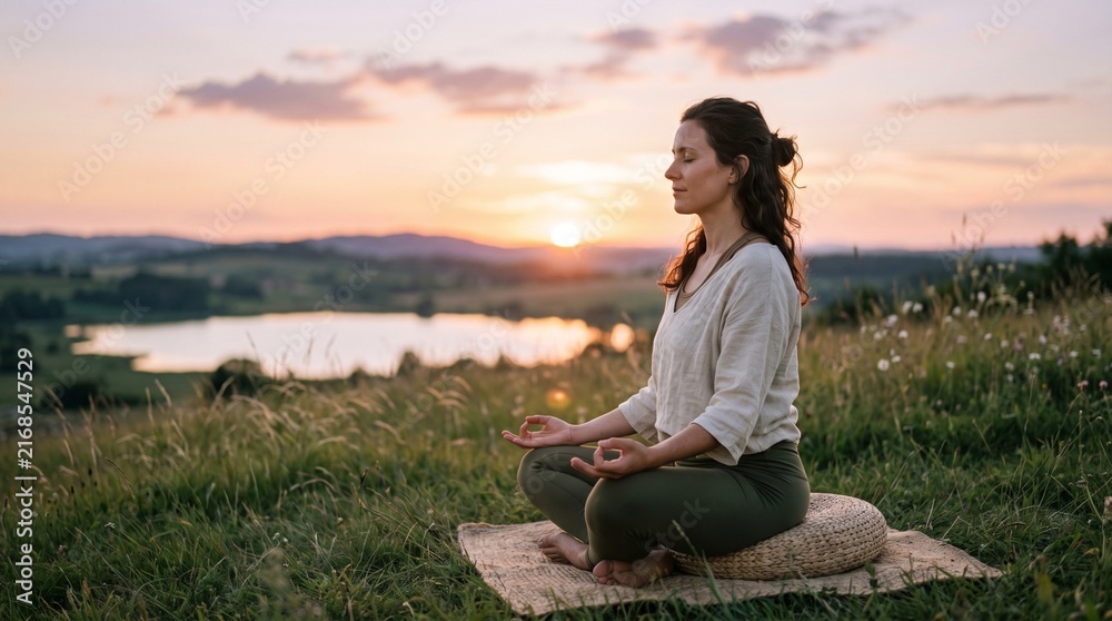Fototapeta premium Woman meditating peacefully in a grassy field at sunset overlooking a lake