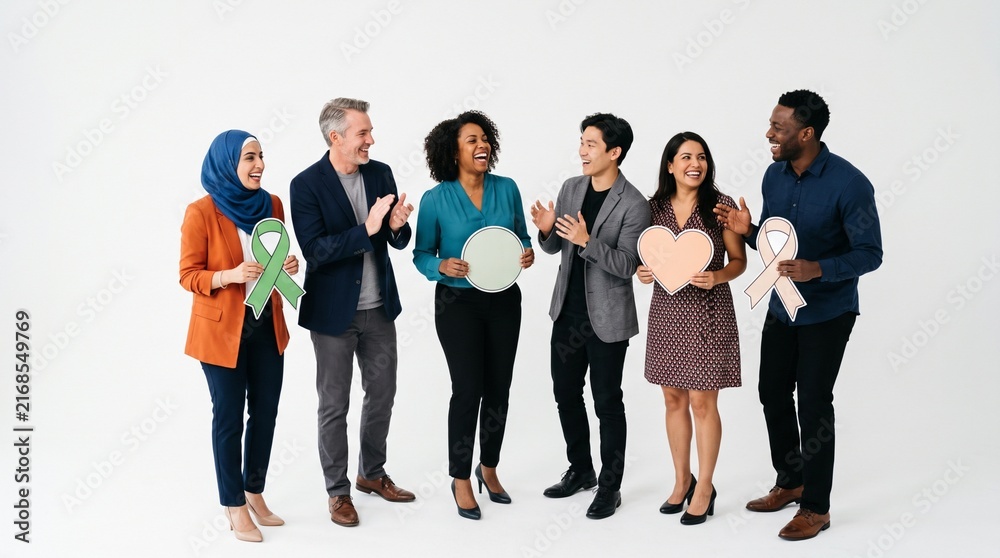 Obraz premium Diverse group of people holding awareness ribbons and heart symbol celebrating unity and support