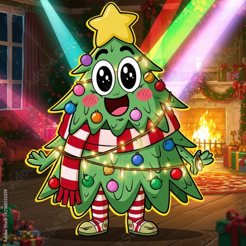 Cheerful Christmas Tree Cartoon Character Dancing in Cozy Holiday Room with Gifts