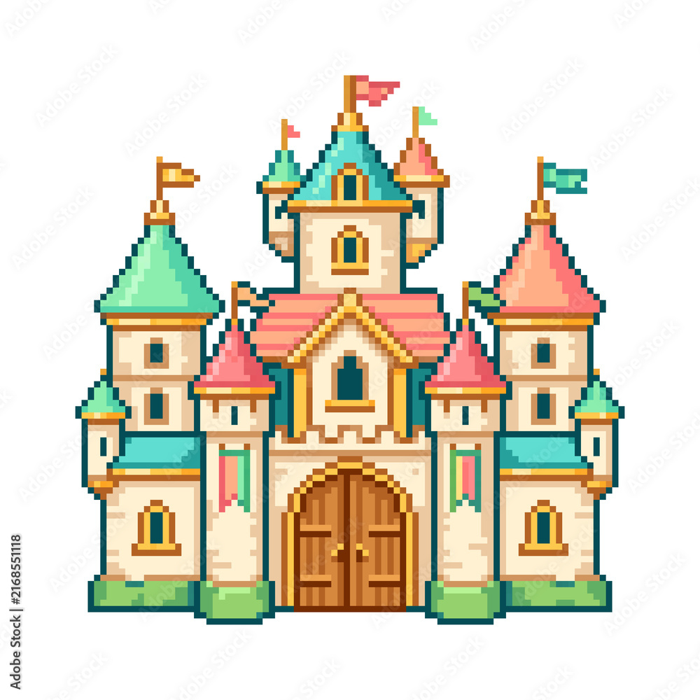 Fototapeta premium Colorful Fairytale Castle Pixel Art with Turquoise and Pink Towers