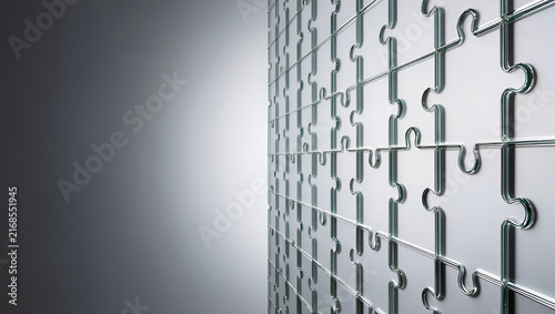 Transparent glass puzzle wall in perspective on a gray background, business structure and system concept with dramatic depth and copy space