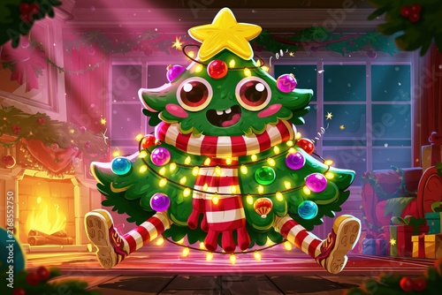 Cheerful Christmas Tree Cartoon Character Dancing in Cozy Holiday Room with Gifts