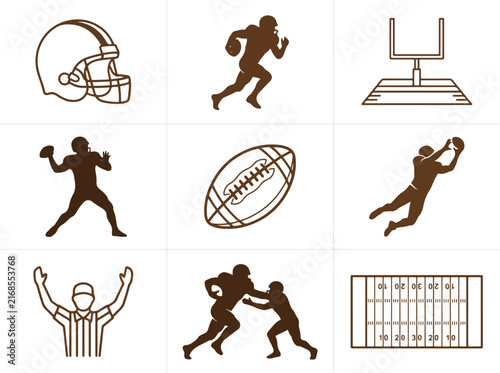 American Football Elements and Player Silhouettes Icons