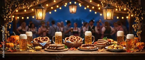 Oktoberfest beer festival table with traditional German food and beer mugs at night