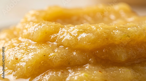 Close-up of golden apple sauce texture, sweet fruit puree, macro food photography