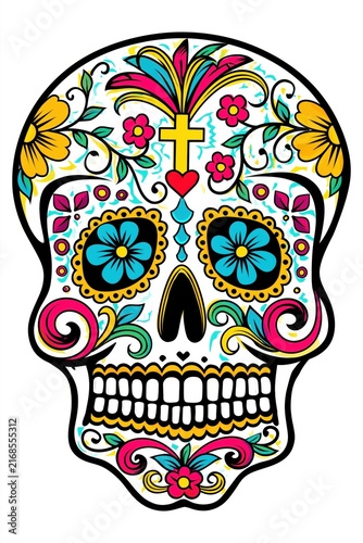 Vibrant Ornate Mexican-Inspired Death Mask with Cross Heart and Floral Details on White