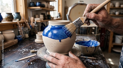 Potter painting blue glaze on ceramic vase in a craft studio  