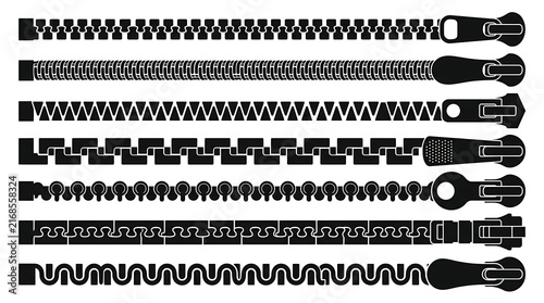 Set of seven horizontal zipper vector illustrations with various fastener styles