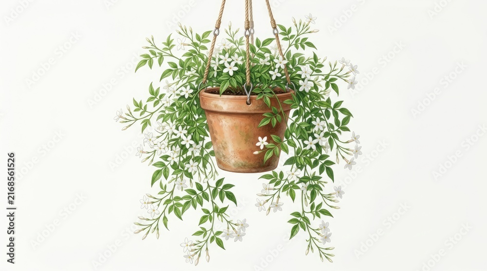 Fototapeta premium Hanging Terracotta Pot With White Blooming Plant on Cream Background
