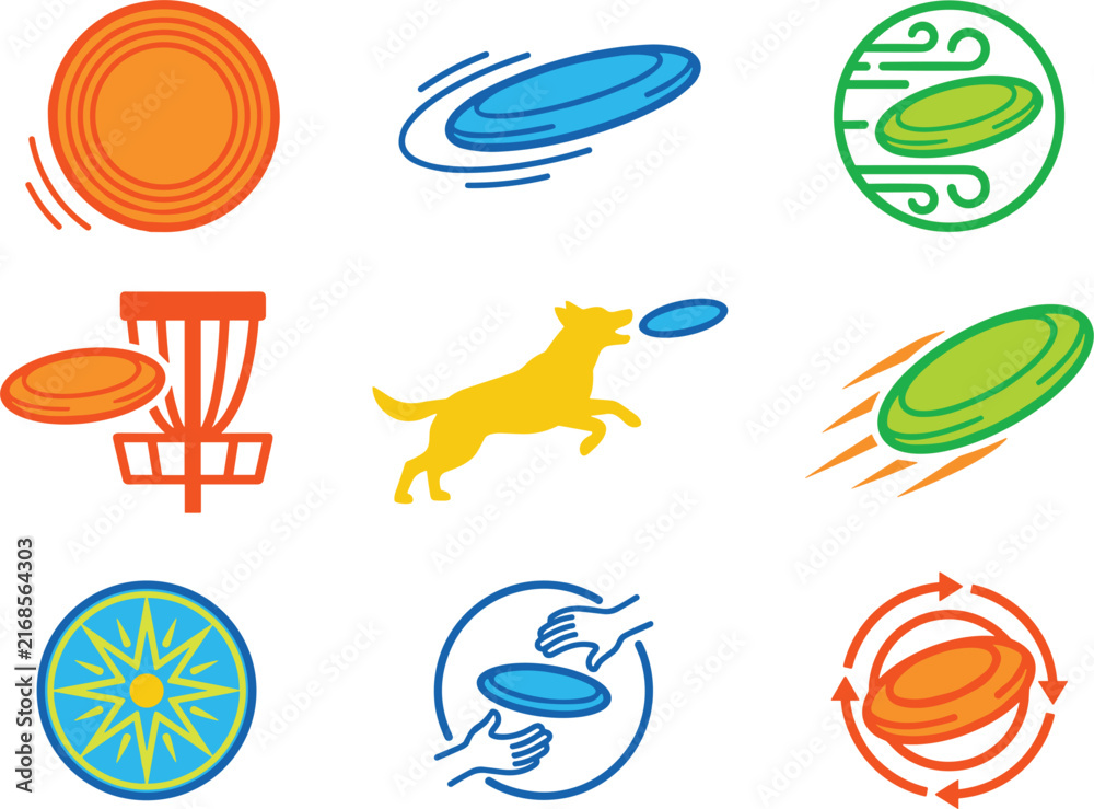 Fototapeta premium Flying Disc and Disc Golf Vector Icon Set with Target Basket, Catching Dog, and Motion Lines for Ultimate Frisbee Tournament Banners and Summer Outdoor Sports Graphic Designs