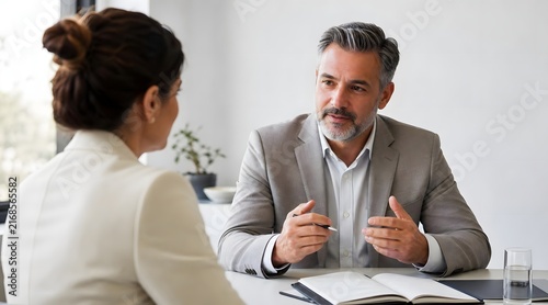 Financial advisor explaining investment strategy to a client in a professional office meeting.