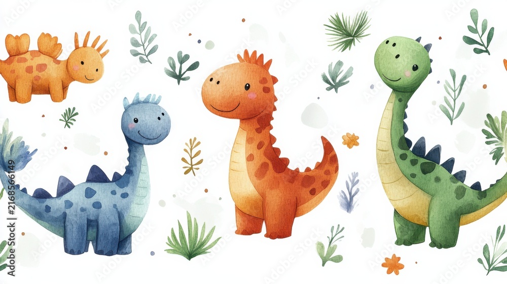 Naklejka premium cute dinosaur seamless pattern, watercolor style, white background