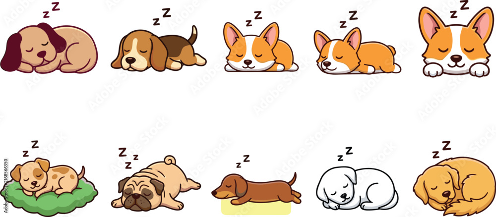 Obraz premium Cute sleeping puppy character set with different dog breeds like corgi and pug vector illustration