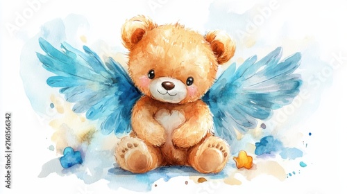 cute watercolor angel bear with wings, white background