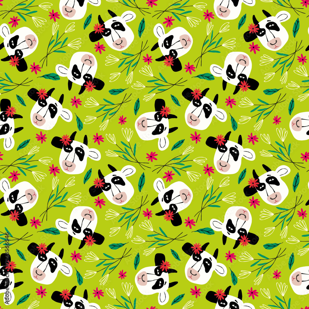 Fototapeta premium Green hand drawn seamless pattern with cows. Easter pattern