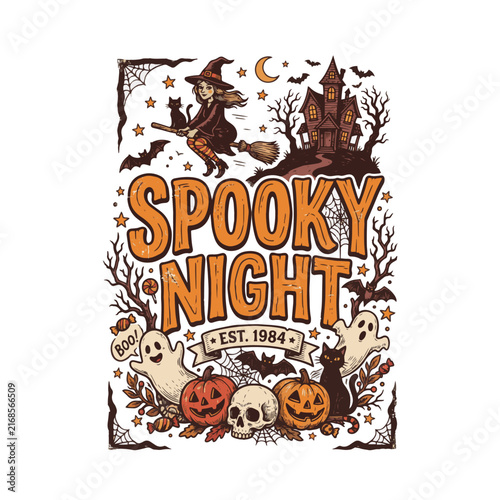 Vintage Spooky Night Est. 1984 Halloween T-shirt Graphic with Witch, Haunted House, and Pumpkins Suitable for clothing brand, merchandise, poster, and retro Halloween logo