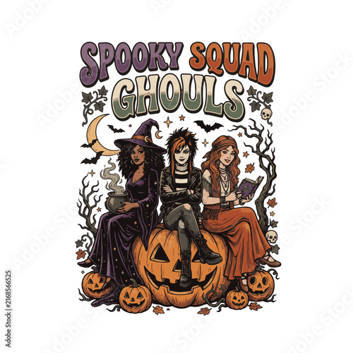 Retro Spooky Squad Ghouls Halloween Illustration with Three Stylish Witches Sitting on Giant Pumpkin Suitable for girls T-shirt design, party banner, sticker, and Halloween squad logo
