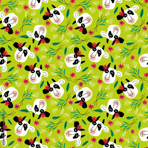 Green hand drawn seamless pattern with cows. Easter pattern