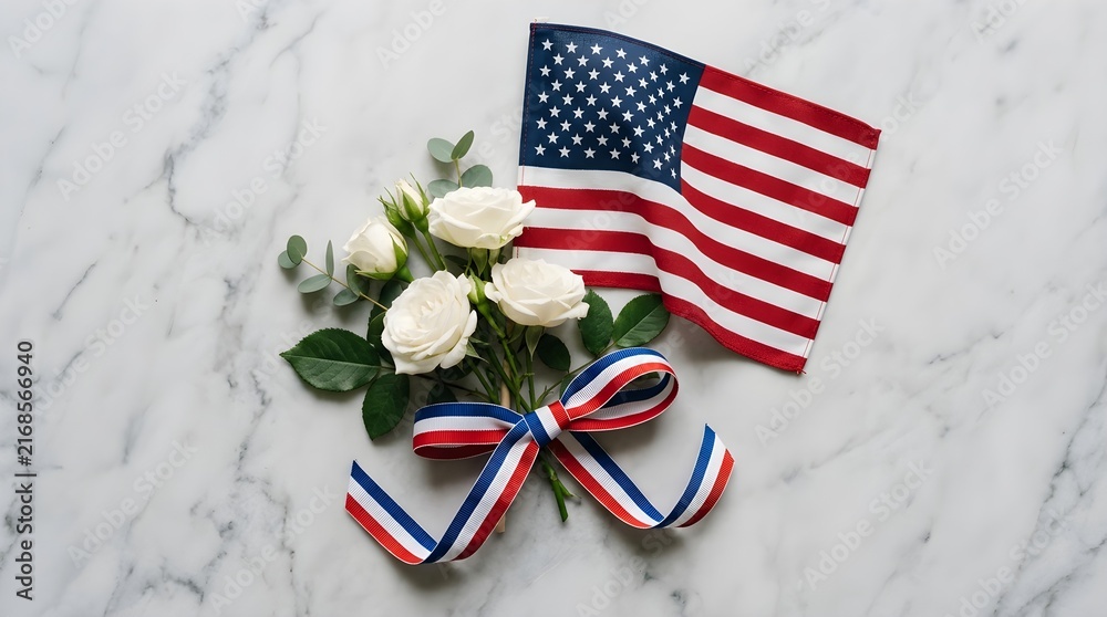 Obraz premium A beautiful patriotic floral arrangement features a gracefully draped american flag alongside elegant white roses set on a stunning marble surface for