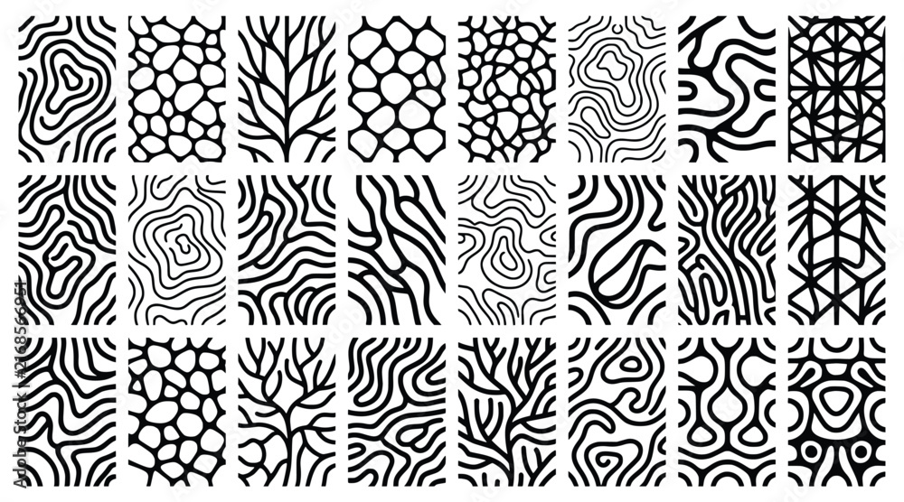 Fototapeta premium Monochrome abstract turing pattern bundle. black white thick organic lines, cellular maze shapes. for modern packaging design, creative apparel print. seamless fluid vector background set.