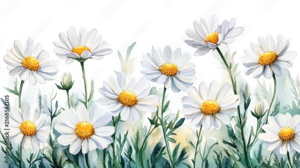Obraz premium cute watercolor chamomile flowers in a bunch, white background