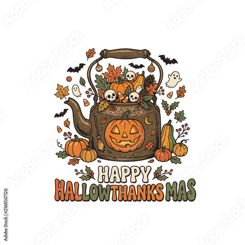 Happy Hallowthanksmas Vintage Teapot Illustration with Pumpkins, Autumn Leaves, and Ghosts Suitable for holiday t-shirt, tote bag, mug print, and seasonal brand logo