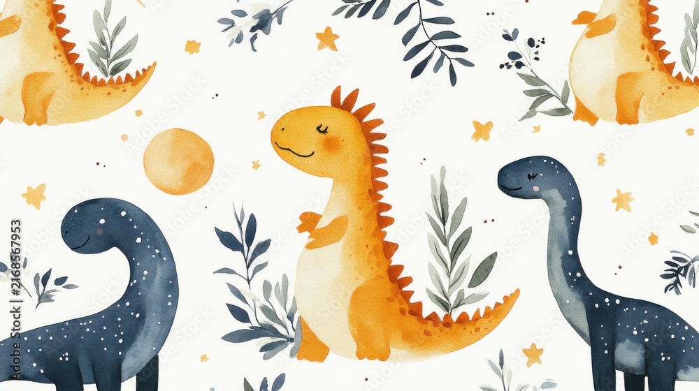 Fototapeta premium dinosaur and moon seamless pattern, watercolor illustration, white background
