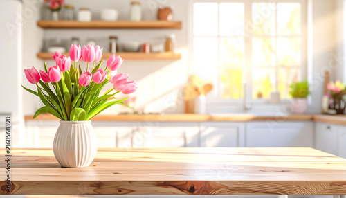 Rosa Tulpen in einer Glasvase auf einem Holztipp in einer Wohnung