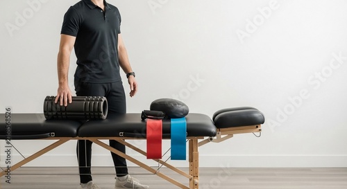 Chiropractor in clinic setting with exercise therapy equipment including foam roller and resistance bands